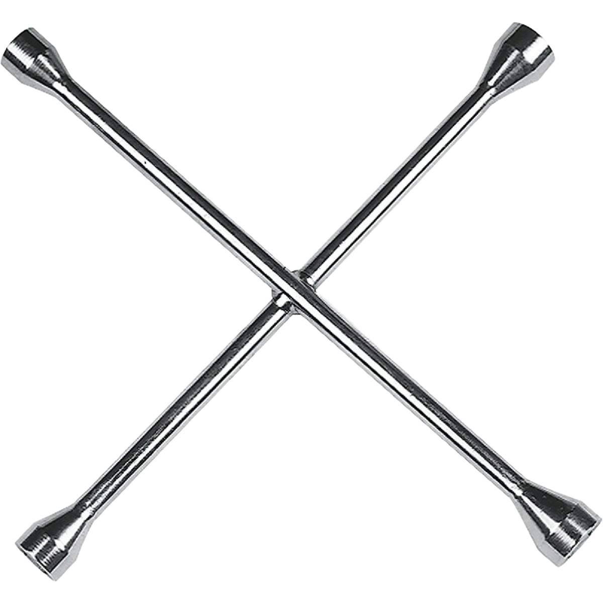 Chrome finished 4-way metric lug wrench made from plated drop forged steel for automotive and home improvement use