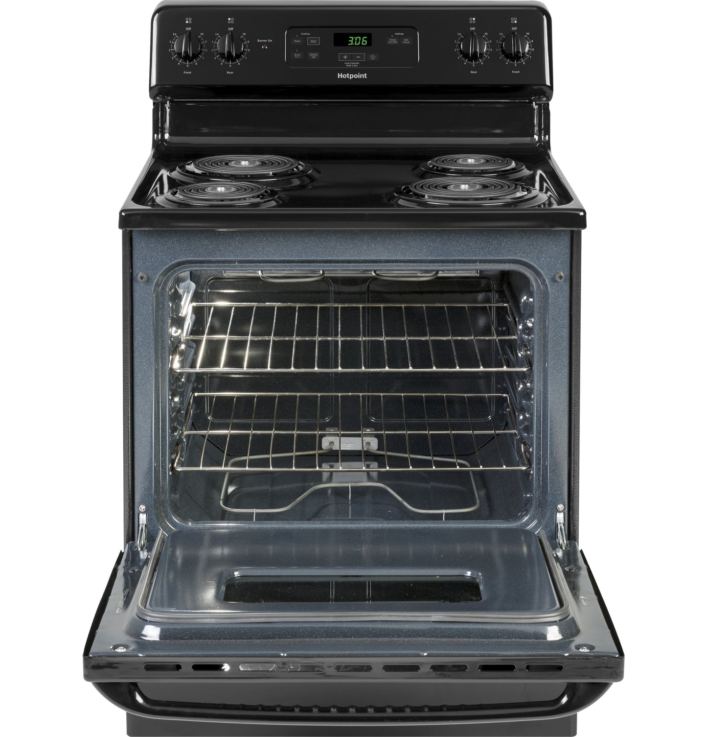 Black free-standing electric range with four coil burners and open oven door showing interior racks and heating elements