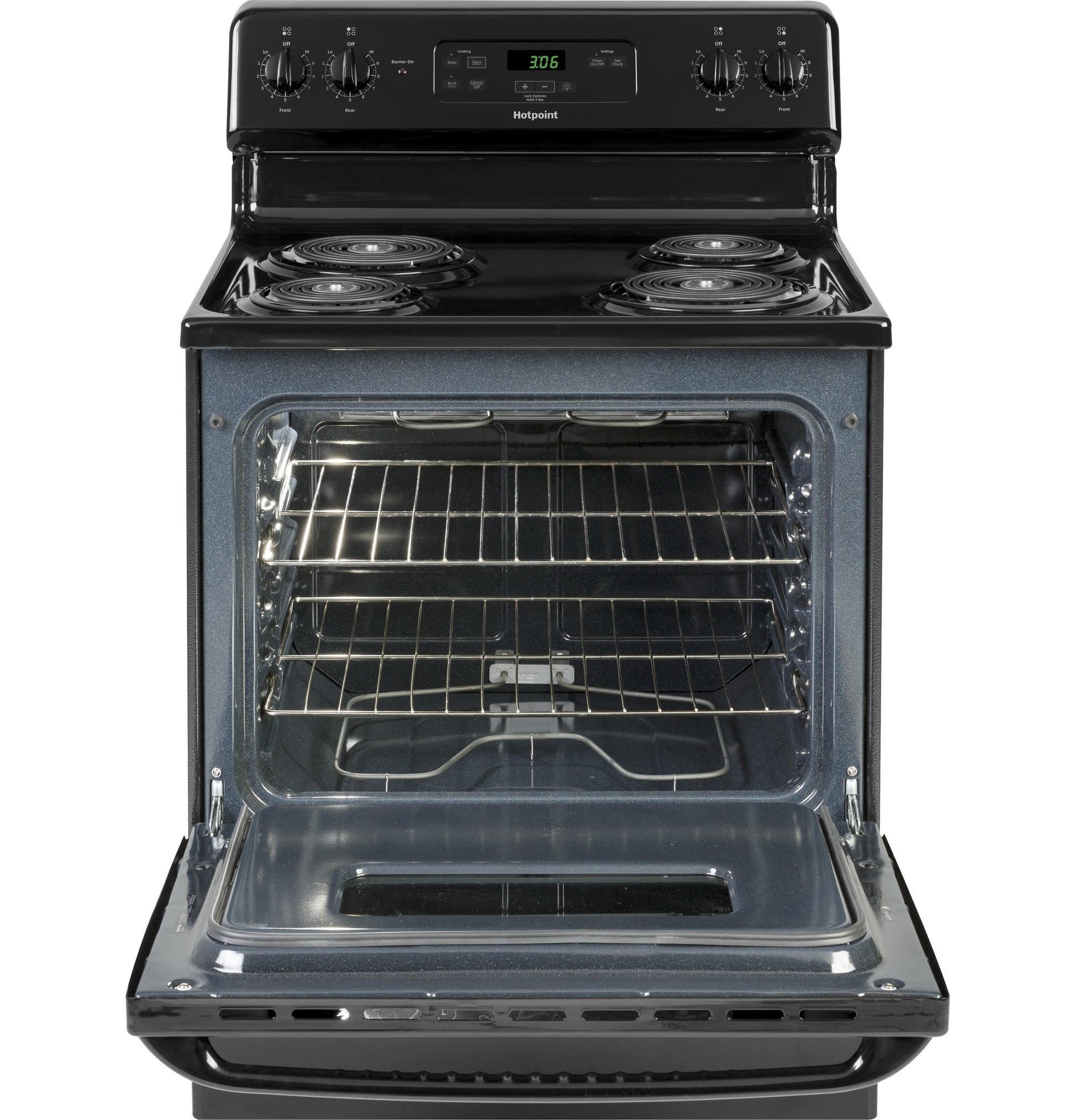 Black free-standing electric range with four coil burners and open oven door showing interior racks and heating elements