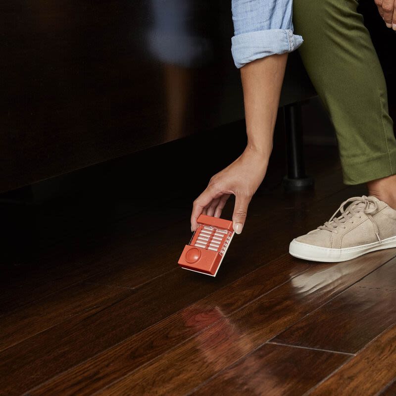 Person placing Ortho Home Defense MAX bed bug trap on hardwood floor for insect and pest control under furniture