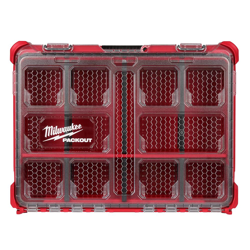 Red heavy-duty organizer with clear lid and multiple compartments for tool storage and workshop organization