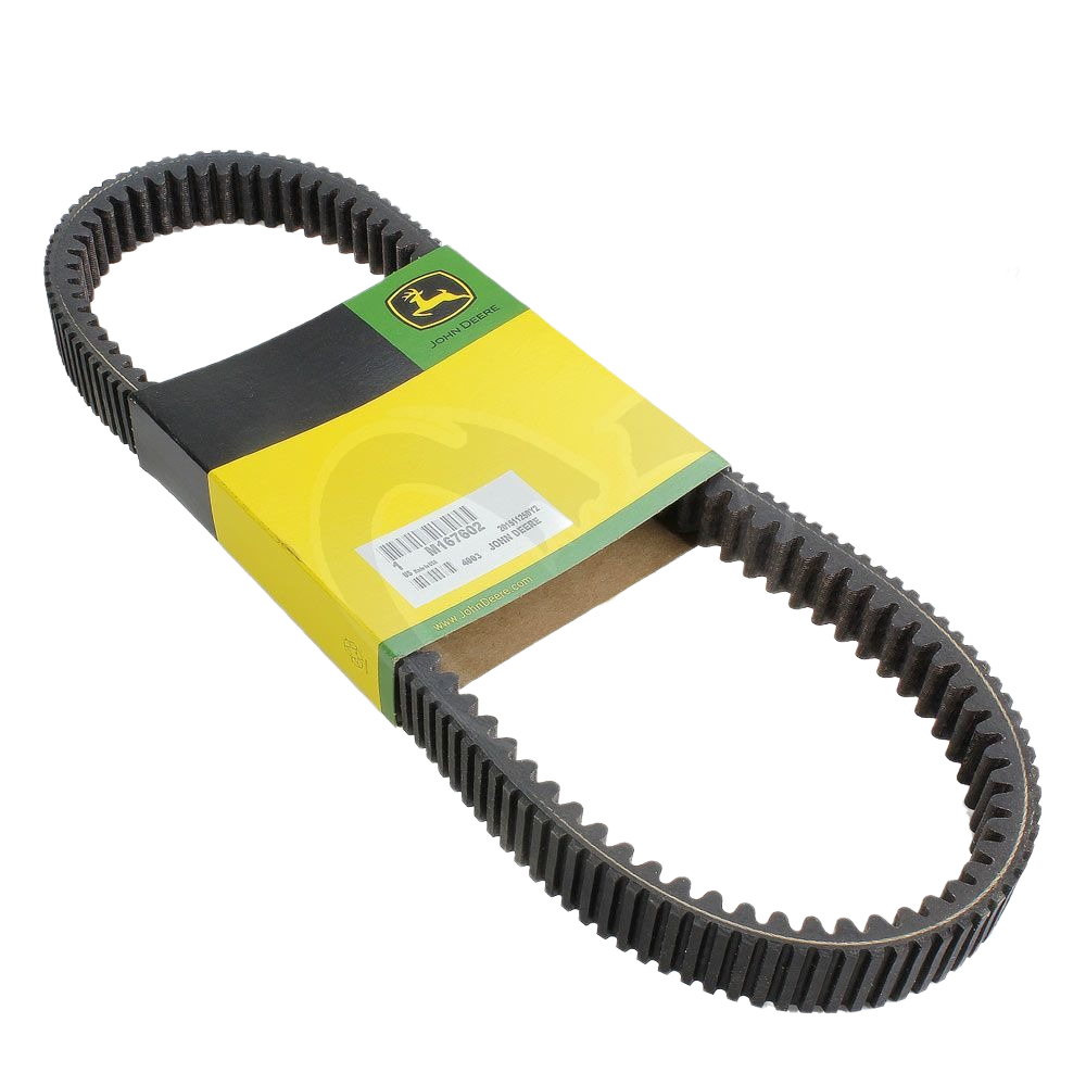 Black rubber V-belt with green and yellow John Deere branded packaging for tools and home improvement use