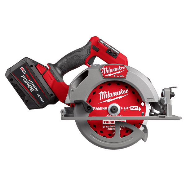 Cordless 7-1/4 inch circular saw with battery pack in red and gray for woodworking power tools collection