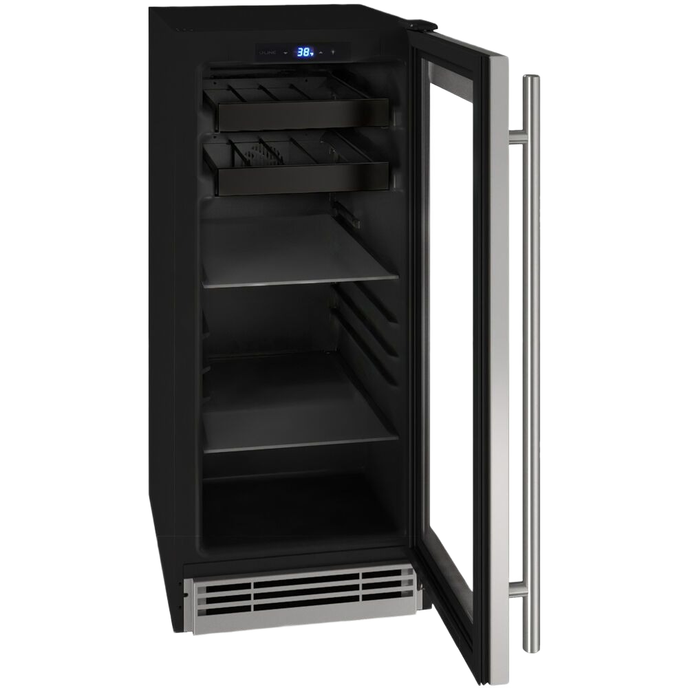 Under-counter beverage center with black interior, glass door, stainless steel handle, adjustable shelves, and digital temperature display