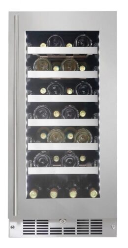 Slim stainless steel wine cooler with tempered glass door and smooth sliding shelves in Refrigerators and Appliances collections