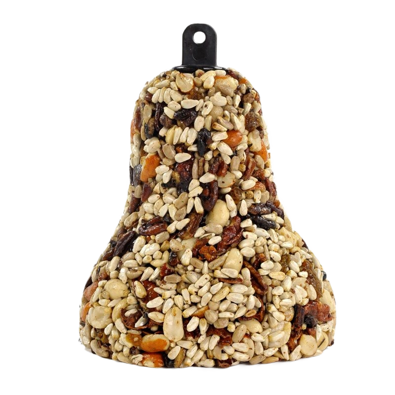 Bell-shaped bird treat made of mixed nuts, seeds, and dried fruit for attracting wild birds year-round