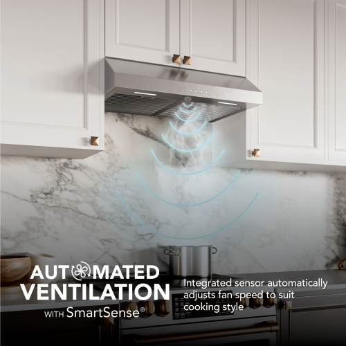 Under cabinet stainless steel range hood with automated sensor adjusting fan speed in kitchen appliances collection