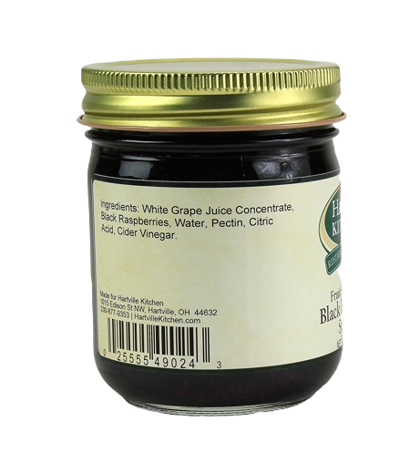 Back label on Hartville Kitchen black raspberry spread jar showing ingredients and barcode in jams and jellies collection