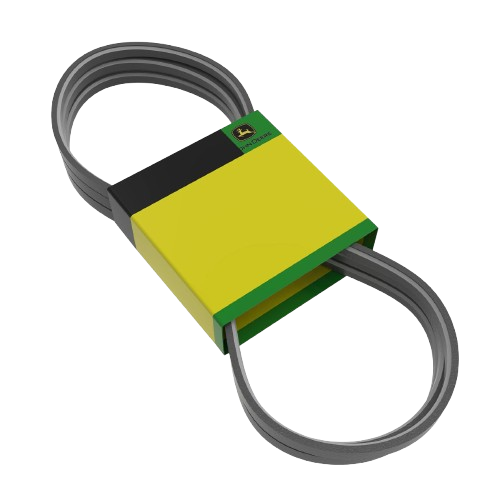 Black multi-ribbed V-belt with green and yellow label for equipment maintenance and tools use
