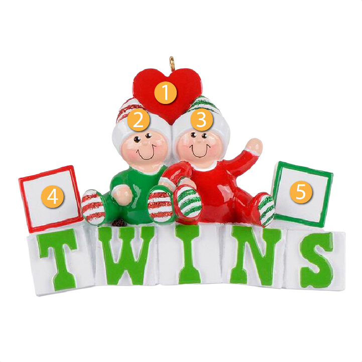 Festive twins ornament with red and green outfits and heart detail, Christmas Ornaments & Tree Decorations under $50 collection