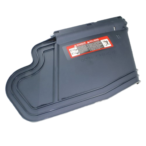 Black plastic mower deck discharge chute with safety warning label for home improvement and landscaping tools