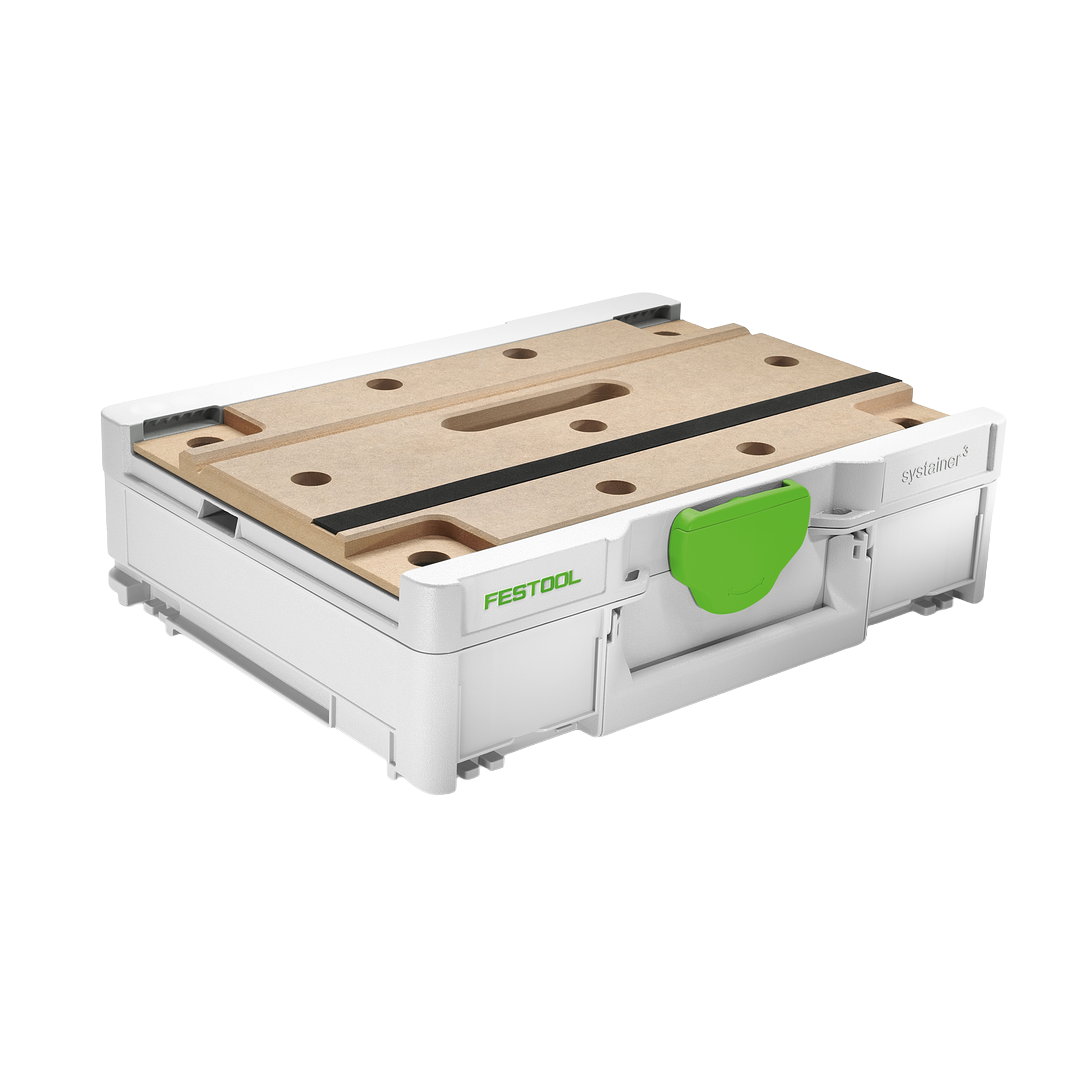Compact Festool modular storage box with light wood work surface and green latch, designed for workshop organization and woodworking tools.