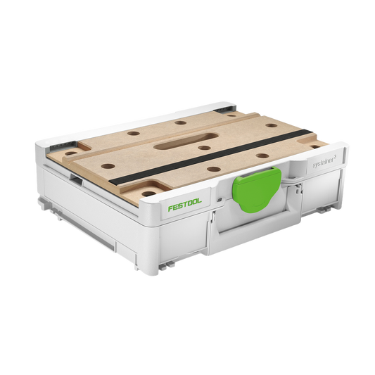 Compact Festool modular storage box with light wood work surface and green latch, designed for workshop organization and woodworking tools.