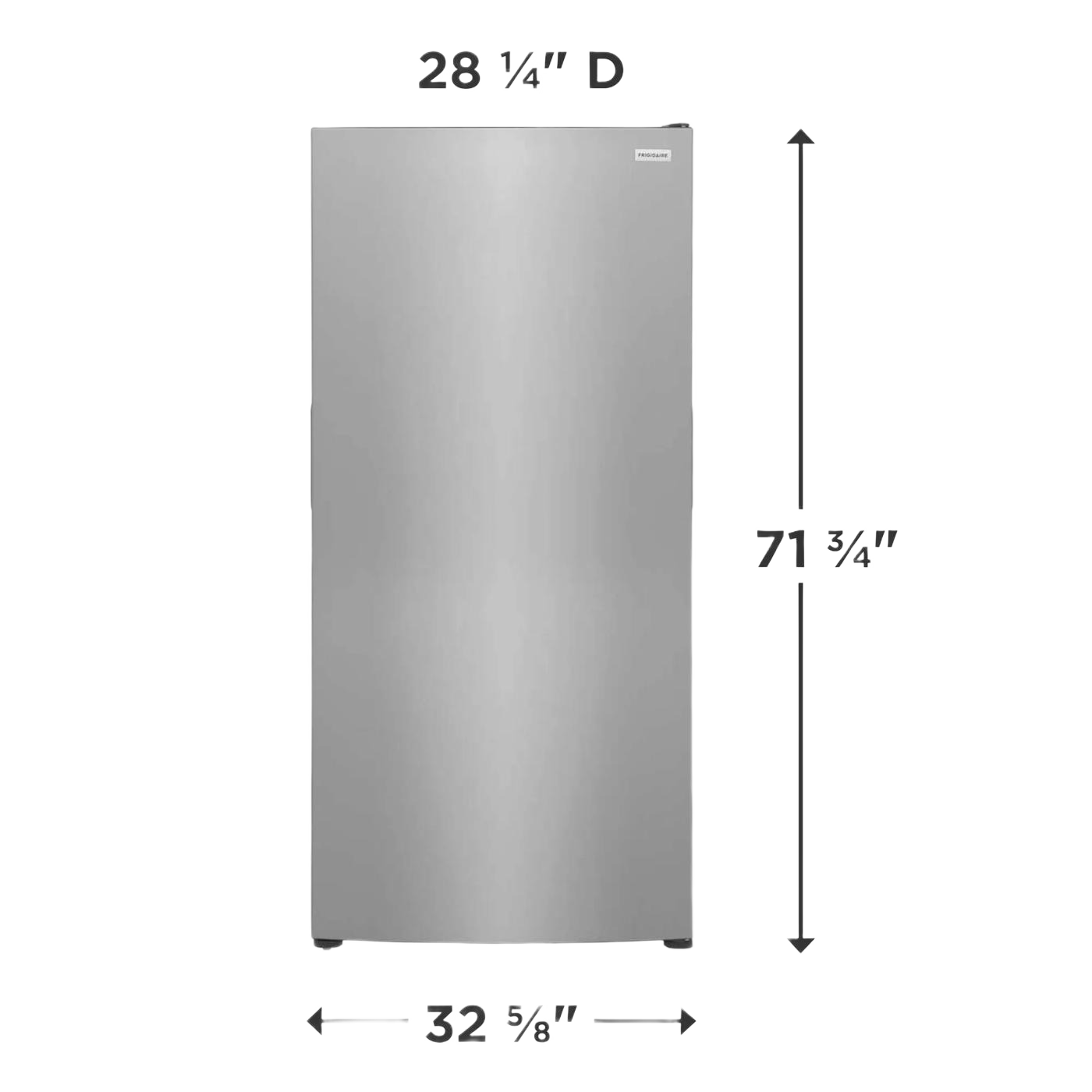 Silver upright freezer with smooth stainless steel door and height, width, and depth dimensions for Freezers & Ice Makers, Upright Freezers, Kitchen & Kitchenware, and Appliances collections.