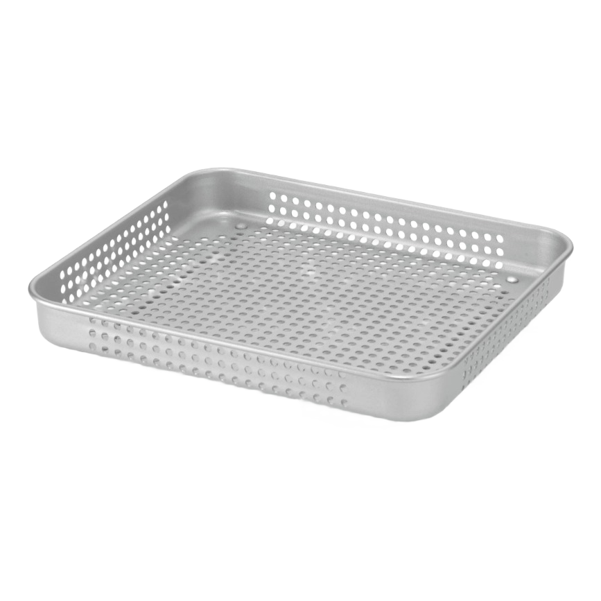 Square metal airfryer basket with perforated sides and bottom featuring a non-stick finish for easy cooking and cleaning