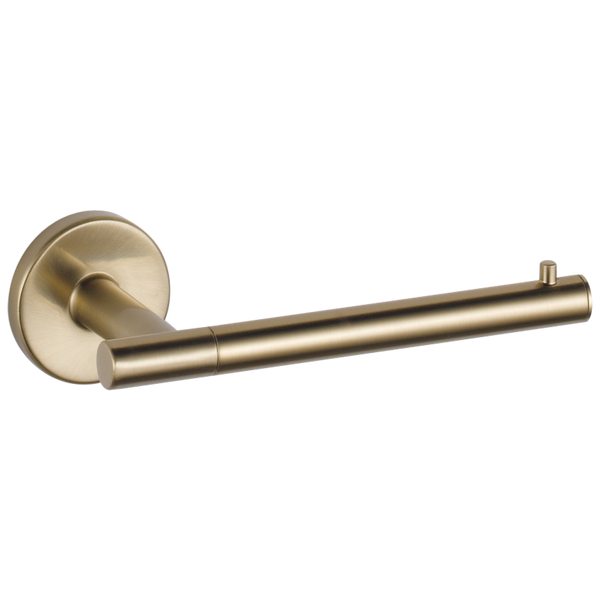 Champagne bronze toilet paper holder with open-ended design for bathroom accessories and home improvement collections