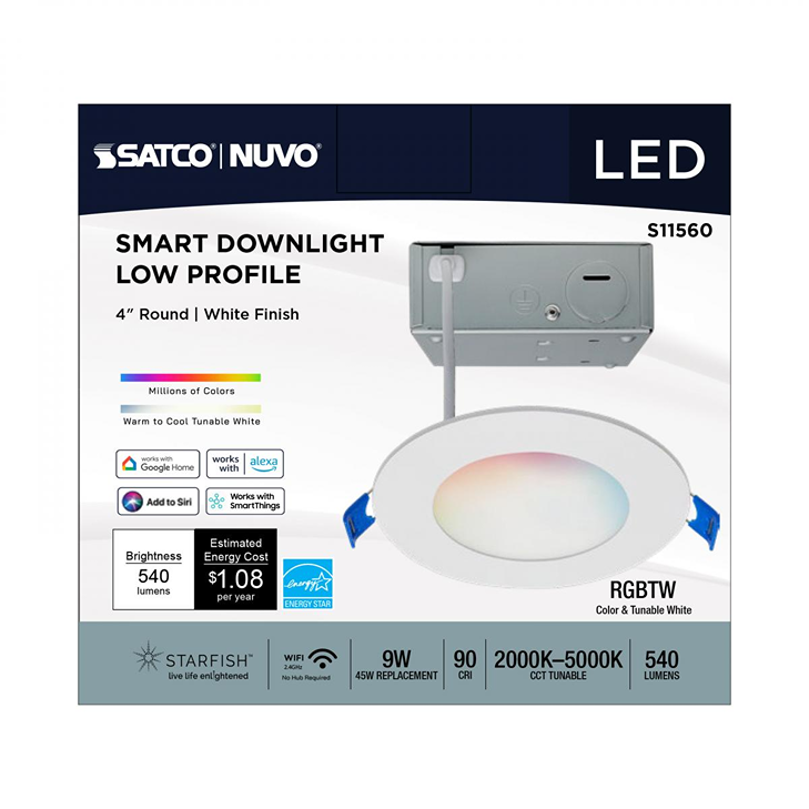 4-inch white smart LED downlight with Wi-Fi control, tunable white and RGB color for home lighting projects