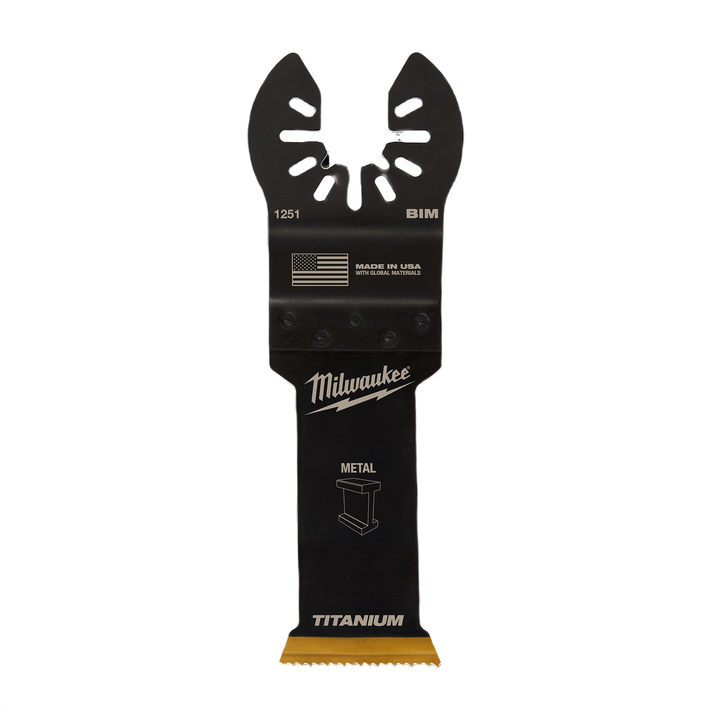 Black Milwaukee titanium enhanced bi-metal blade for oscillating multi-tools in woodworking and power tool accessories