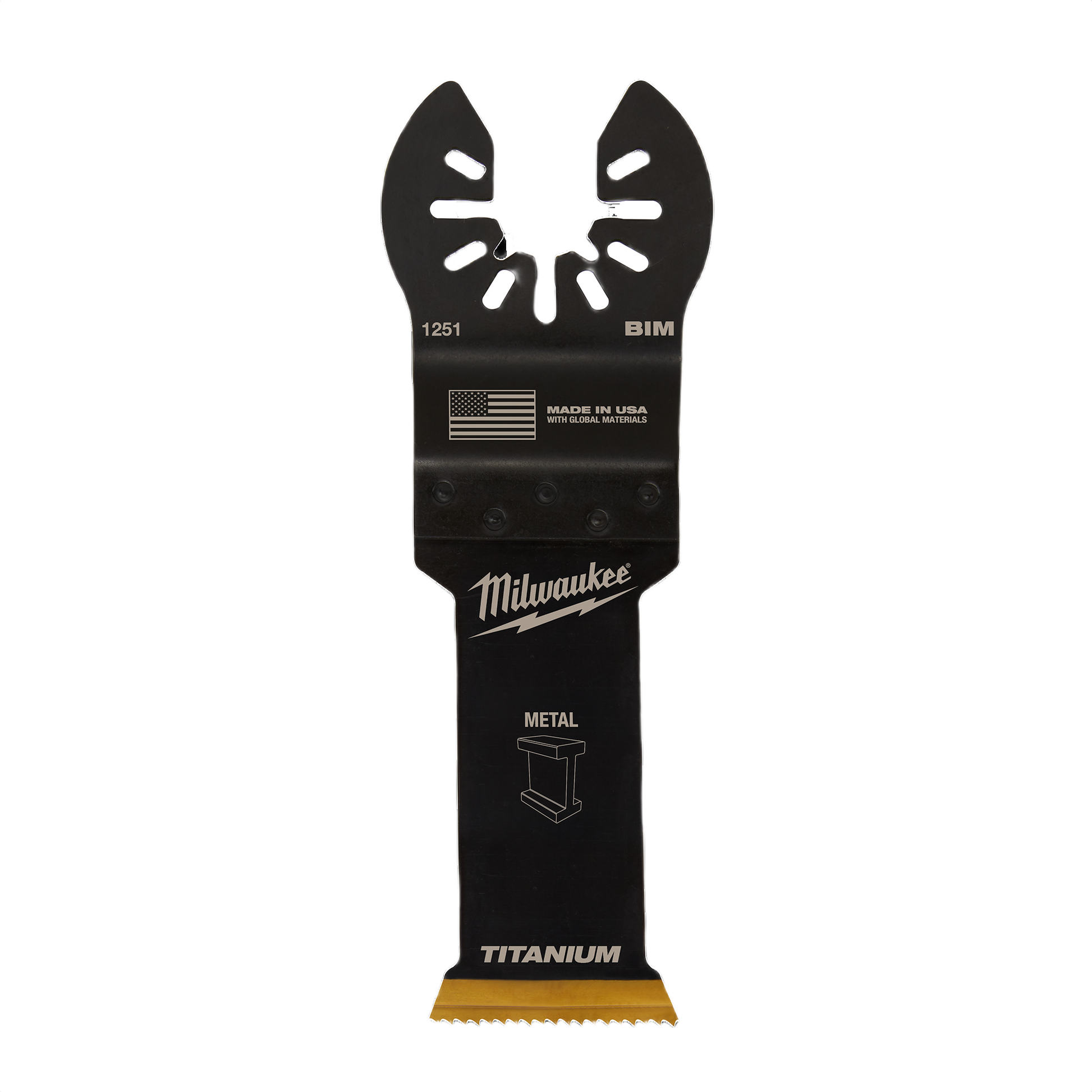 Black Milwaukee titanium enhanced bi-metal blade for oscillating multi-tools in woodworking and power tool accessories