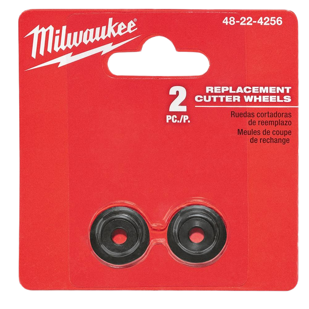 Two black replacement cutter wheels in red Milwaukee branded packaging for plumbing and home improvement tools