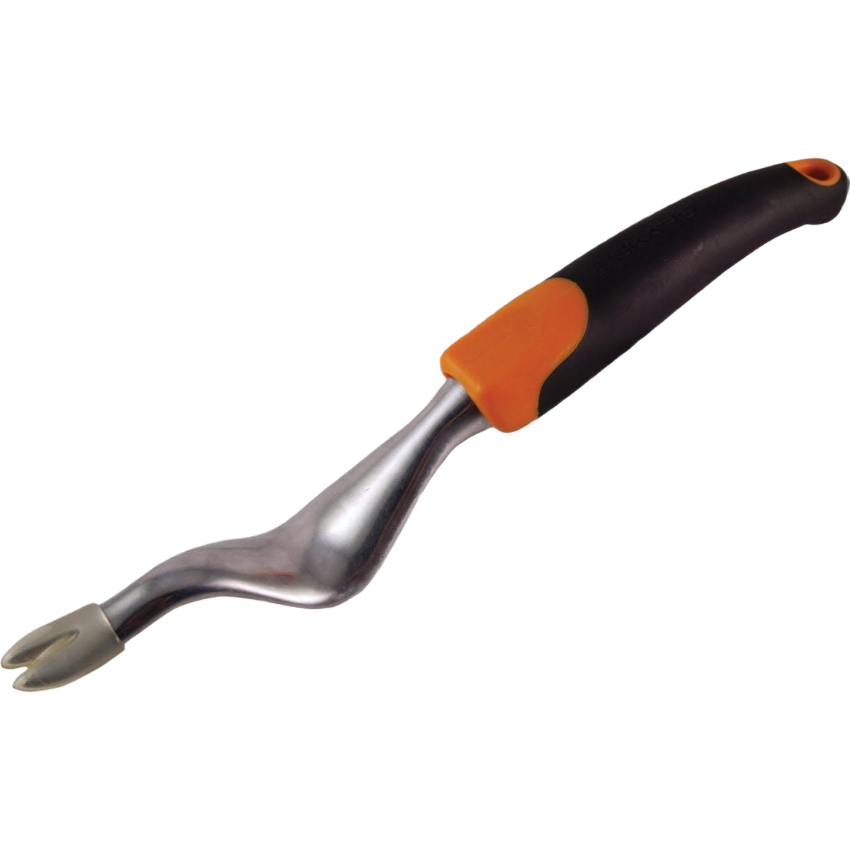 Hand tool with ergonomic black and orange handle and curved metal blade for digging and weeding gardens