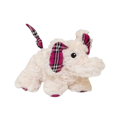 Soft beige elephant-shaped dog toy with pink plaid accents on ears, tail, and feet featuring hidden squeakers and crinkle material