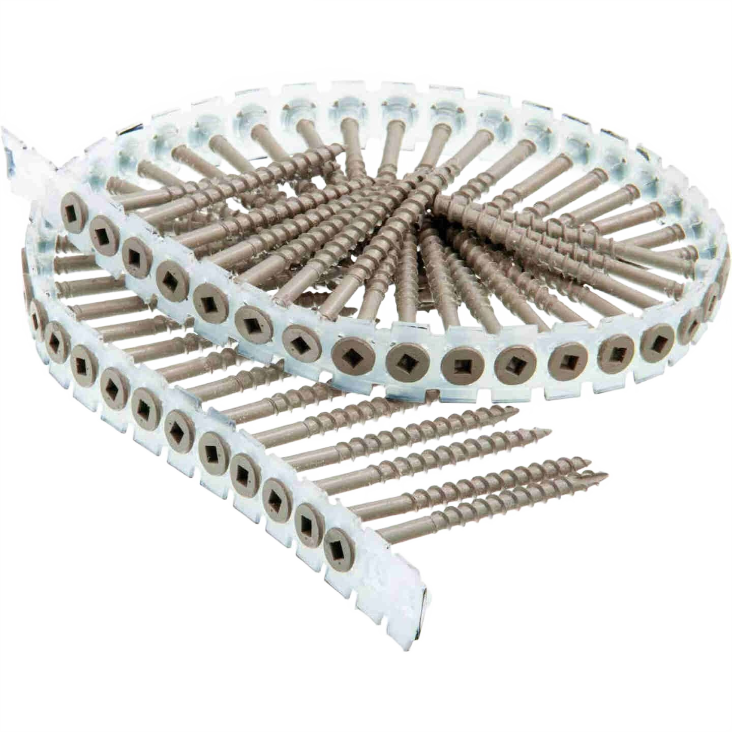 Strip of collated exterior screws with square drives for deck and dock projects in hardware and fasteners collections