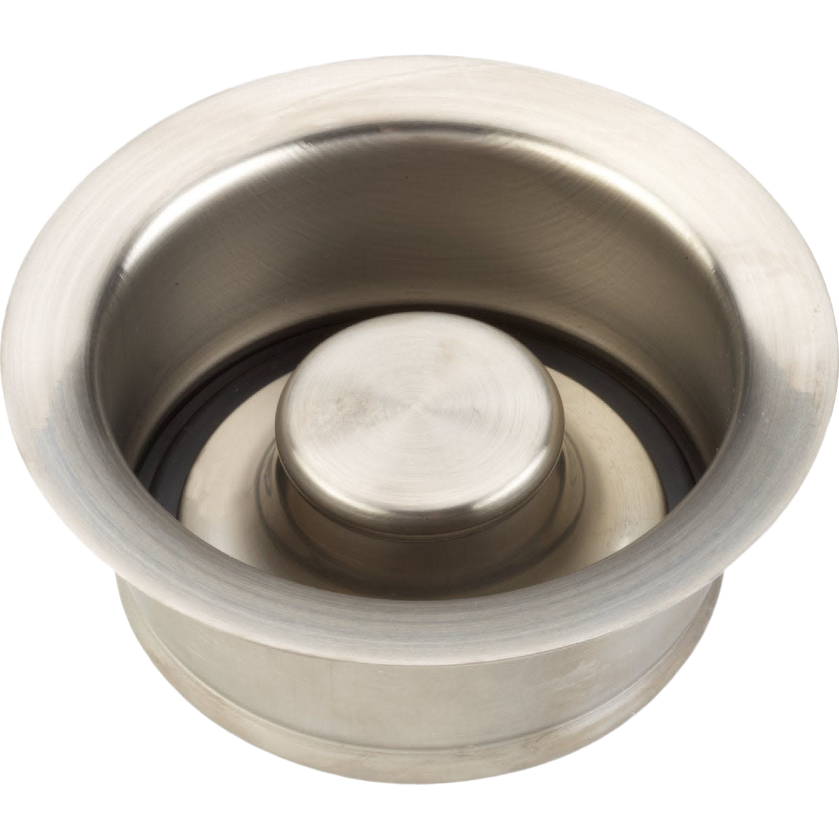 Brushed nickel disposer flange and stopper designed for kitchen sink installation in home improvement projects