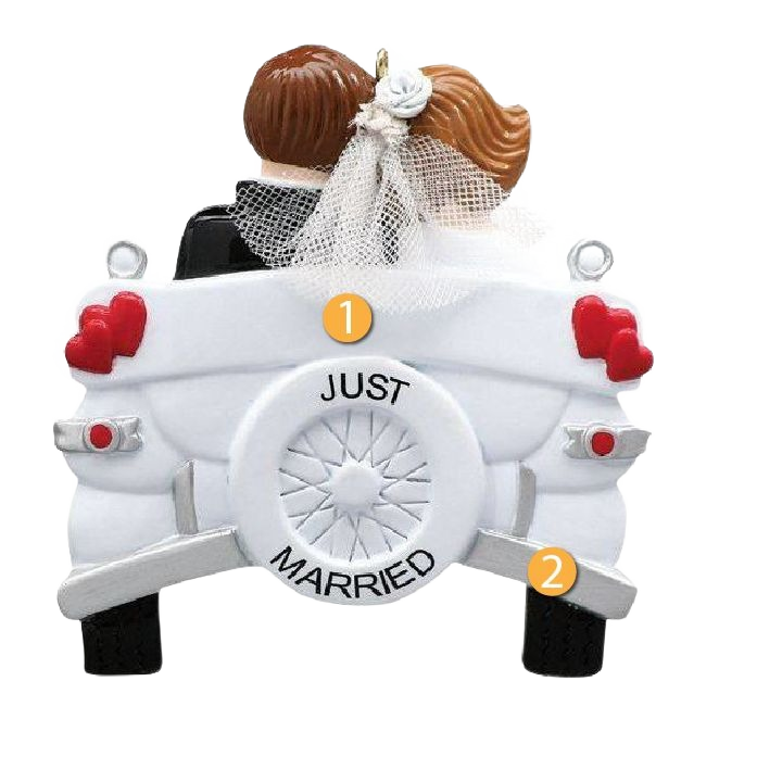Couple figurines in vintage white car with "Just Married" sign and red heart decorations for Christmas tree decor under $50