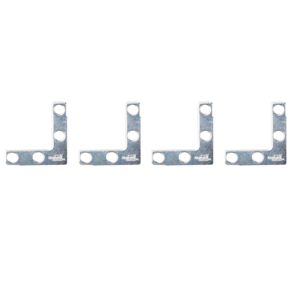 Set of four zinc flat corner irons with mounting holes for reinforcing wood joints in building hardware collection