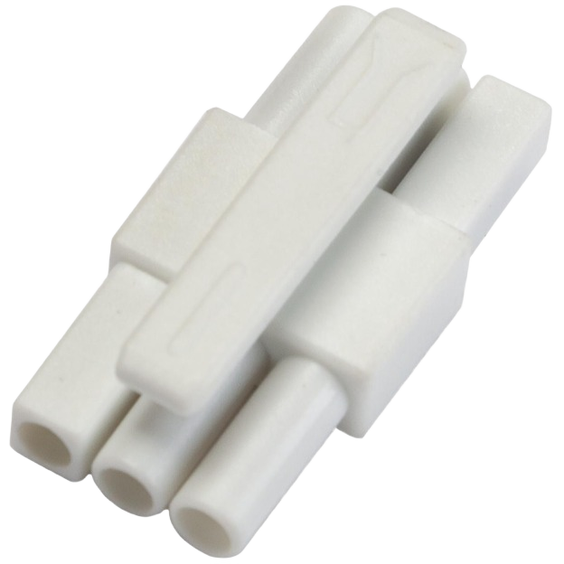 White plastic electrical connector for linking under cabinet LED lighting in home improvement projects