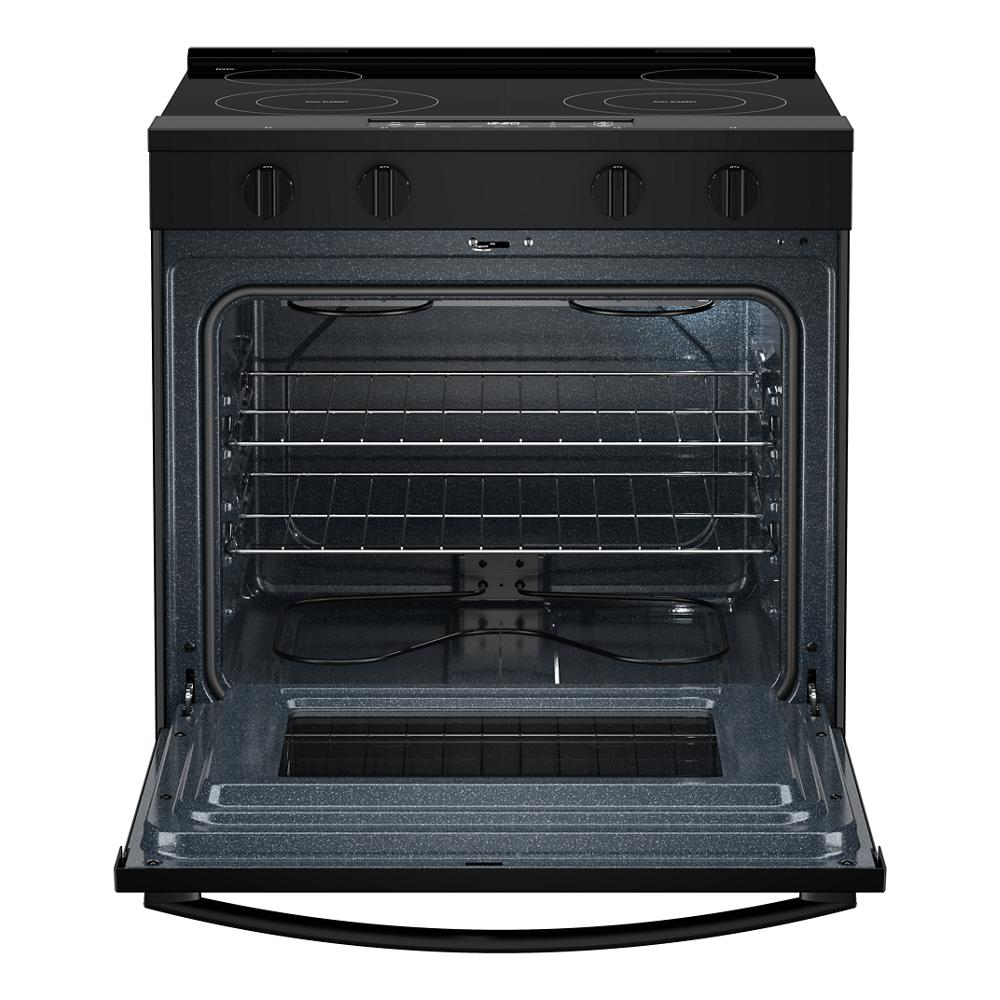Front view of black electric range with open oven door revealing double racks and smooth cooktop controls