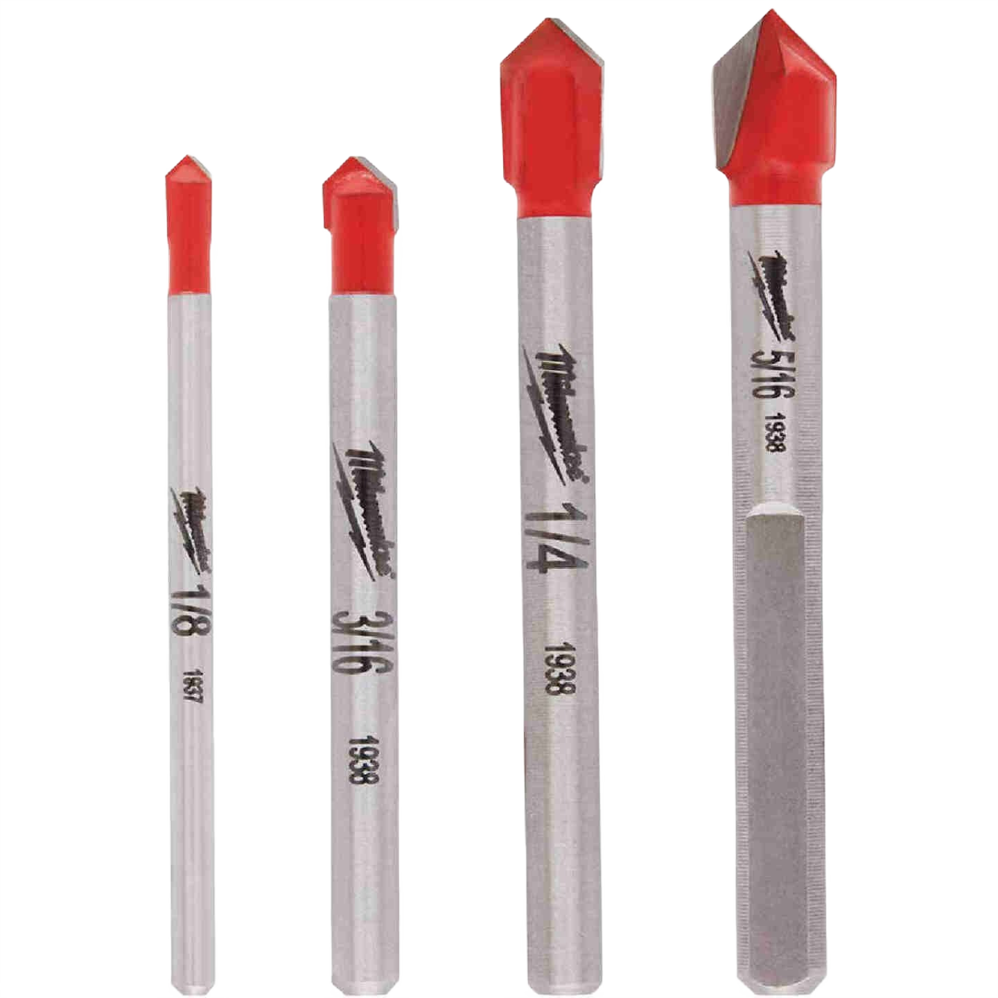 Set of four carbide-tipped drill bits with red tips for precise drilling in glass and tile, tool accessories under $50 collections