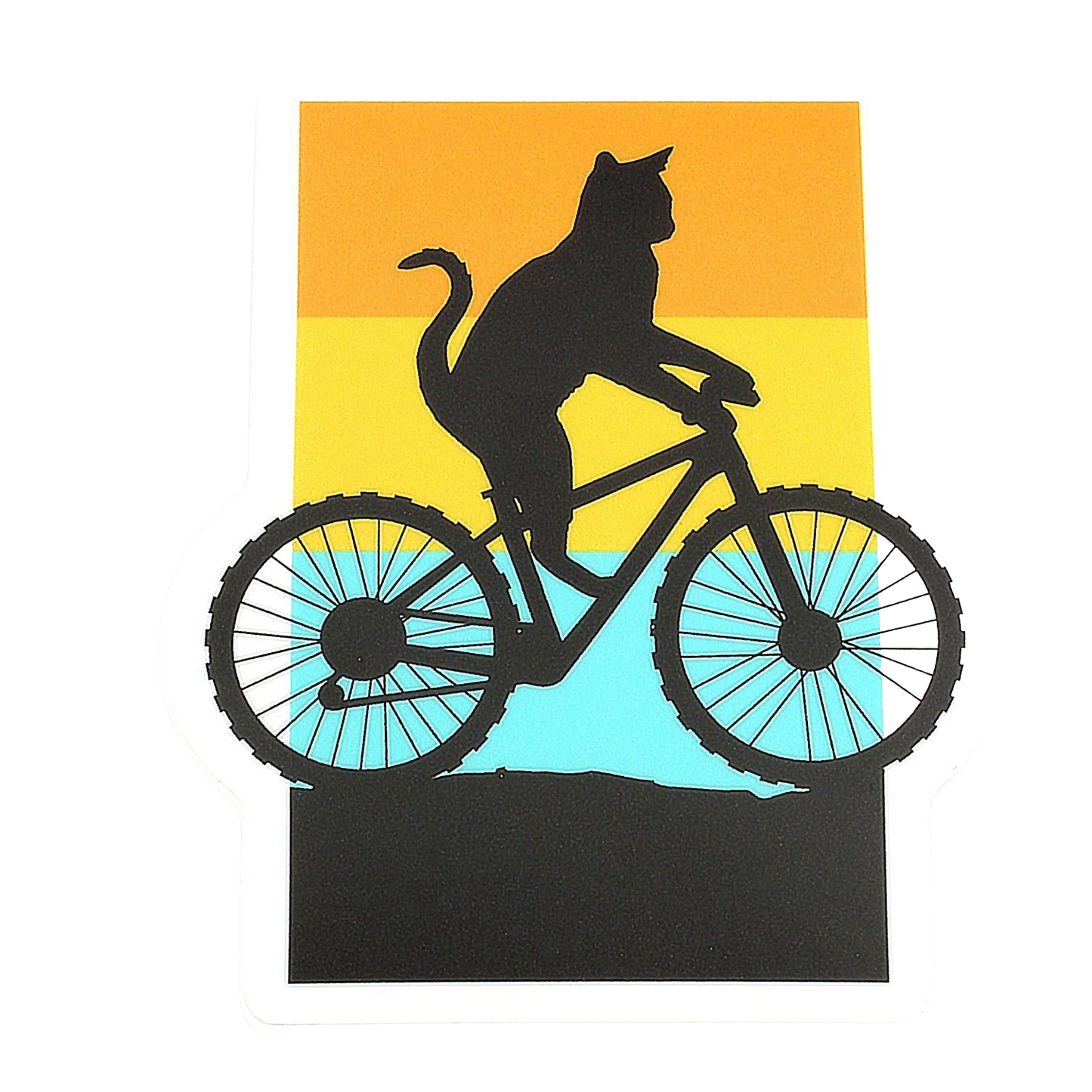 Silhouette of a cat riding a bike with a colorful sunset background sticker from Stickers Northwest collection