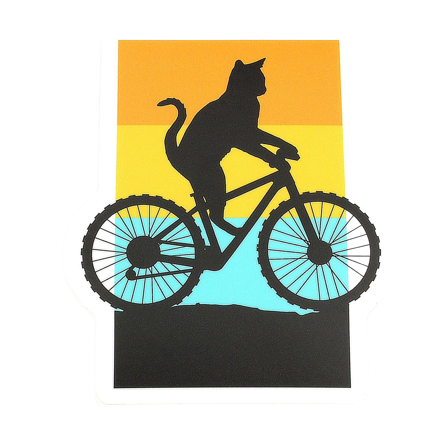 Silhouette of a cat riding a bike with a colorful sunset background sticker from Stickers Northwest collection