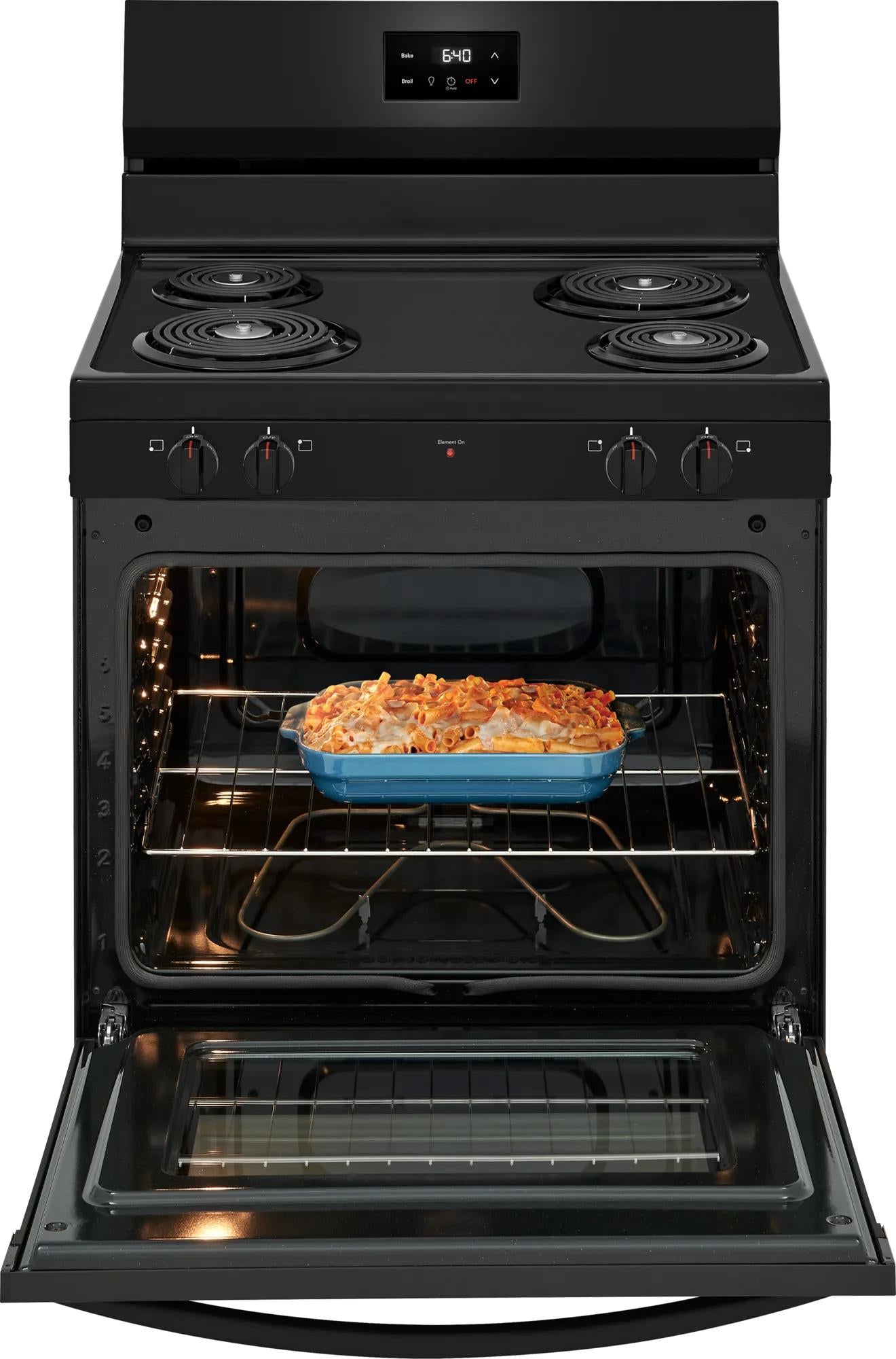 black freestanding electric range with coil burners and lit oven containing baked casserole in blue dish for kitchen appliances
