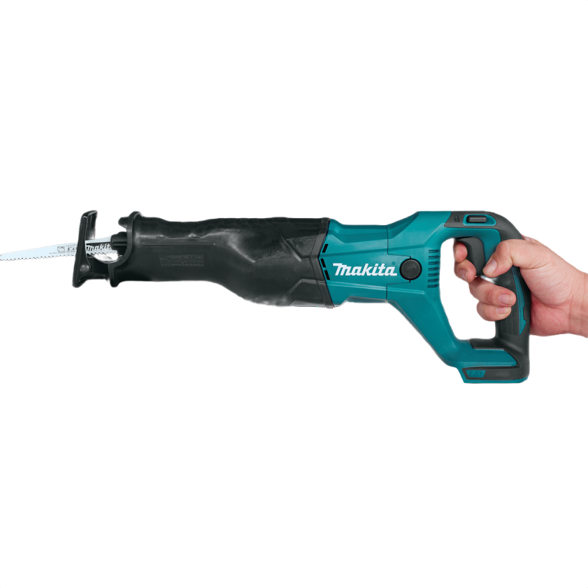 Hand holding teal and black cordless reciprocating saw designed for versatile home improvement and tool applications