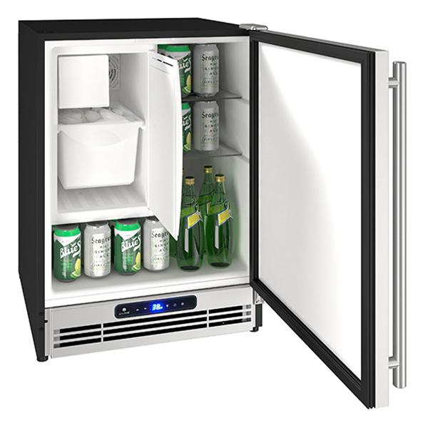 21-inch black and stainless mini refrigerator with built-in ice maker, adjustable shelves, and beverage storage in appliances collection