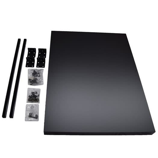 Black laminated extension table assembly with metal brackets and hardware for woodworking power tools and home improvement use