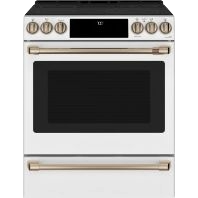 White slide-in range with front control knobs, radiant cooktop, and convection oven, part of kitchen appliances collection