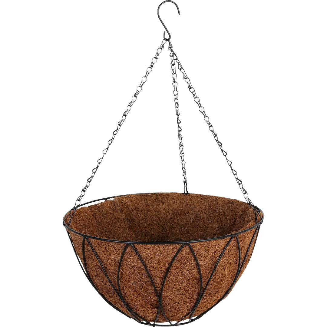Black powder coated steel hanging basket with molded coco liner for outdoor living and garden decor under $50