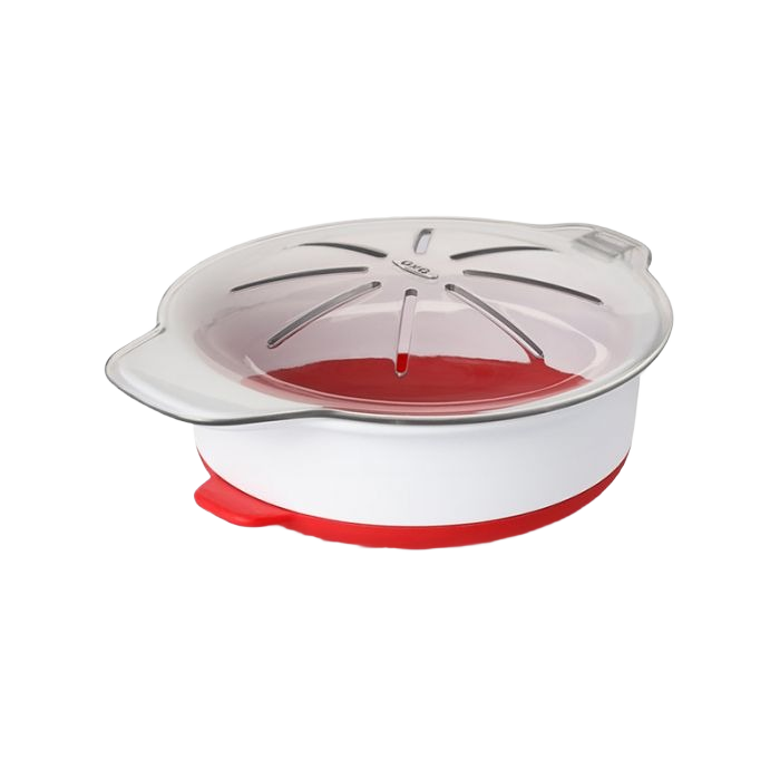 Compact microwave egg cooker with clear vented lid and red silicone base for quick breakfast prep in kitchenware collections