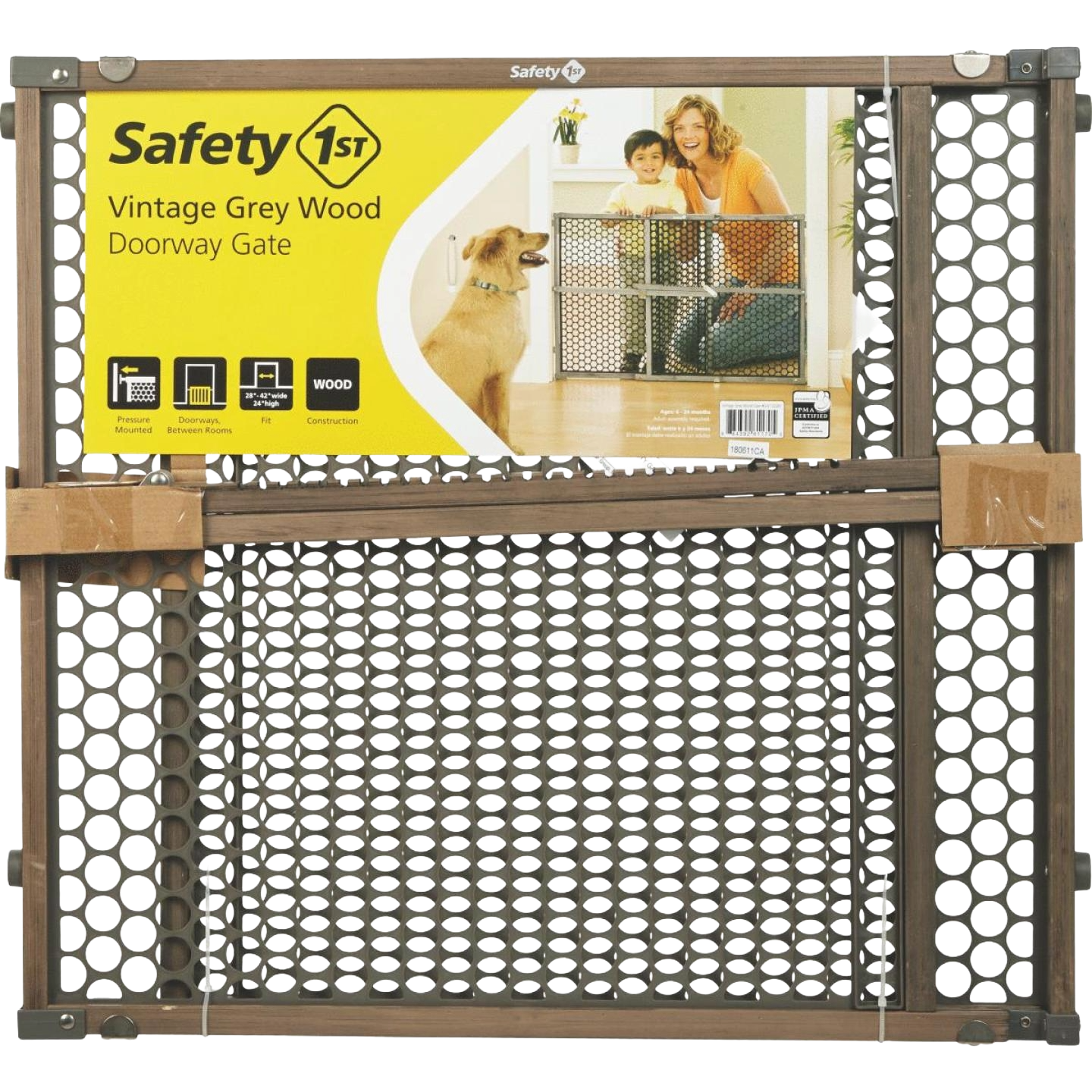 Wood doorway safety gate in vintage gray finish designed for child and pet containment in home improvement hardware.