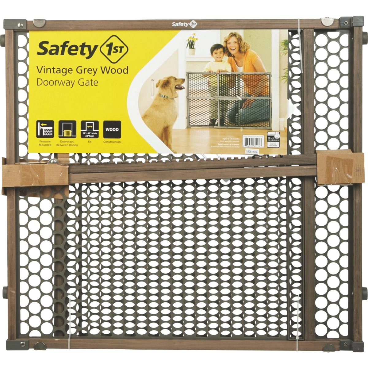 Wood doorway safety gate in vintage gray finish designed for child and pet containment in home improvement hardware.