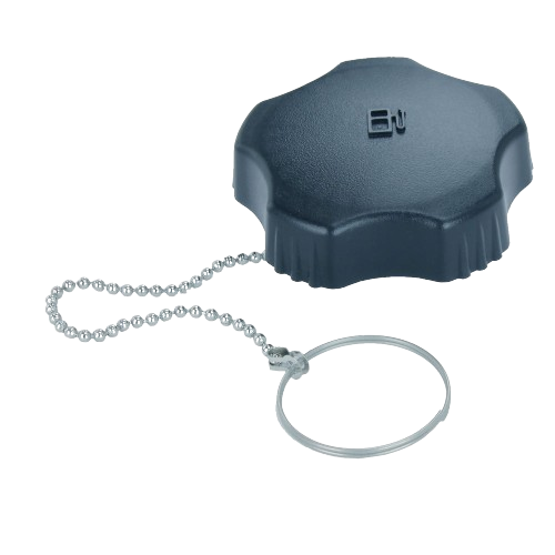 Black fuel tank filler cap with fuel symbol and attached metal chain for automotive and John Deere parts collections