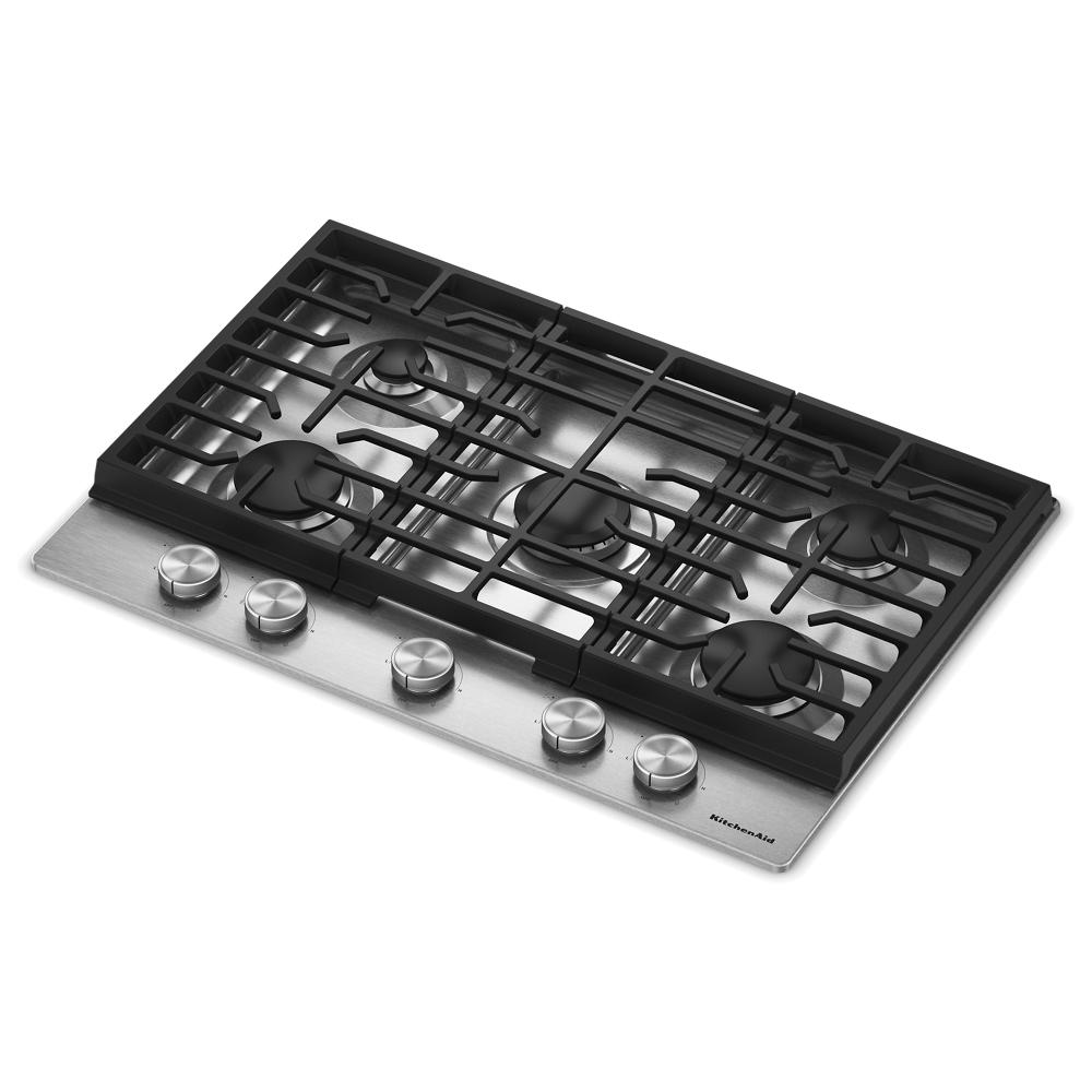 Stainless steel 30-inch gas cooktop with five burners and edge-to-edge cast-iron grates, featuring five sleek control knobs for home improvement and kitchenware.