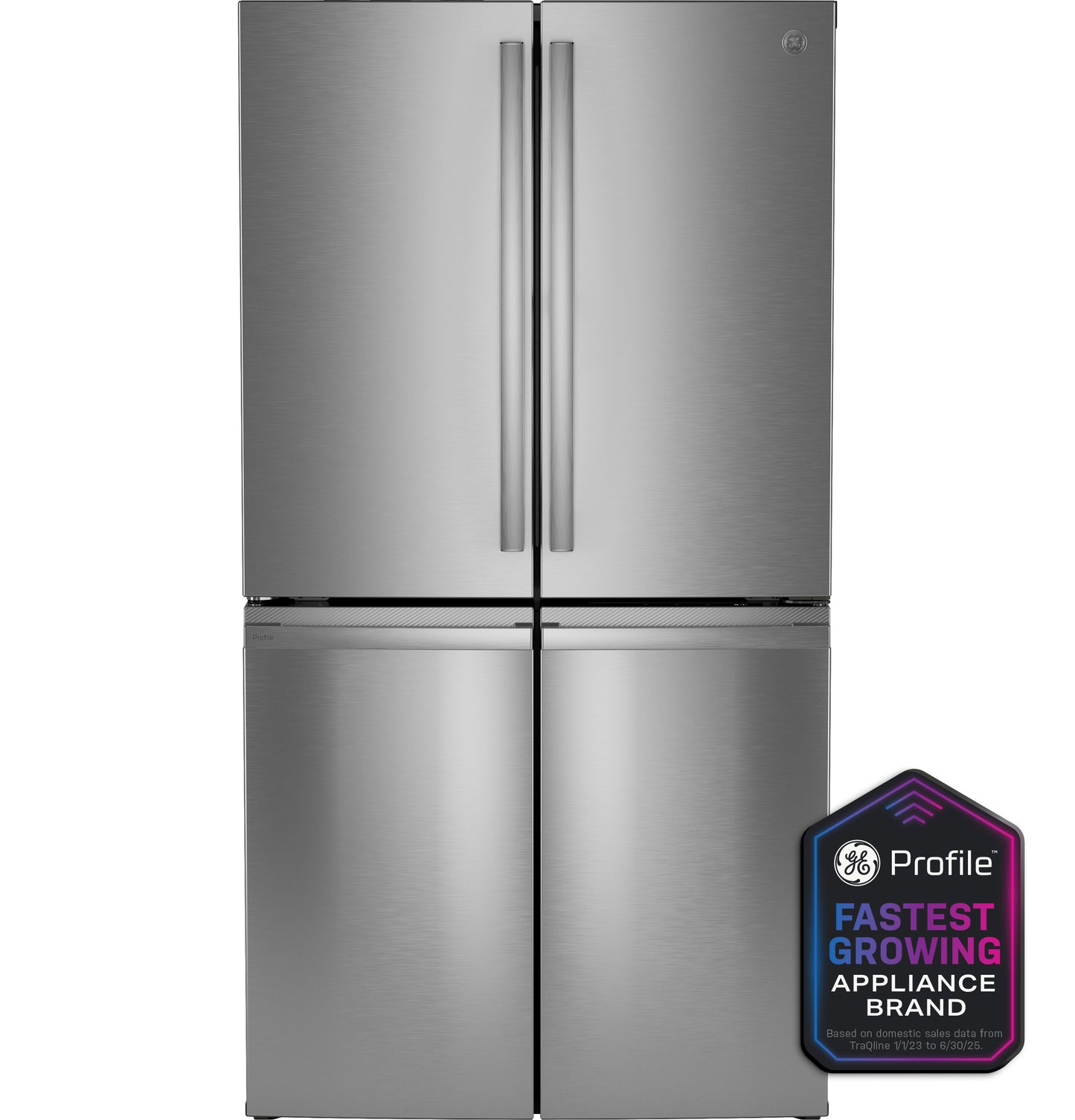Stainless steel quad-door refrigerator with bottom drawers and sleek vertical handles in kitchen appliances collection