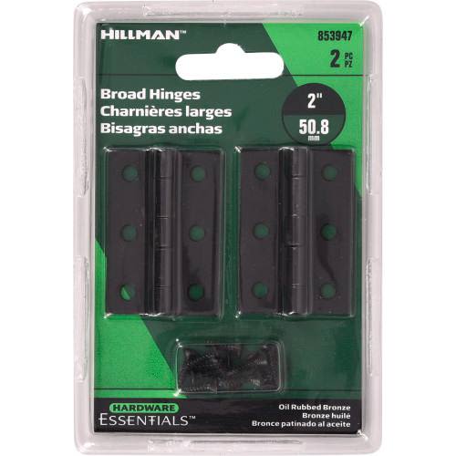 2-inch oil rubbed bronze broad hinges with screws in retail packaging for cabinet hardware under $50 collections
