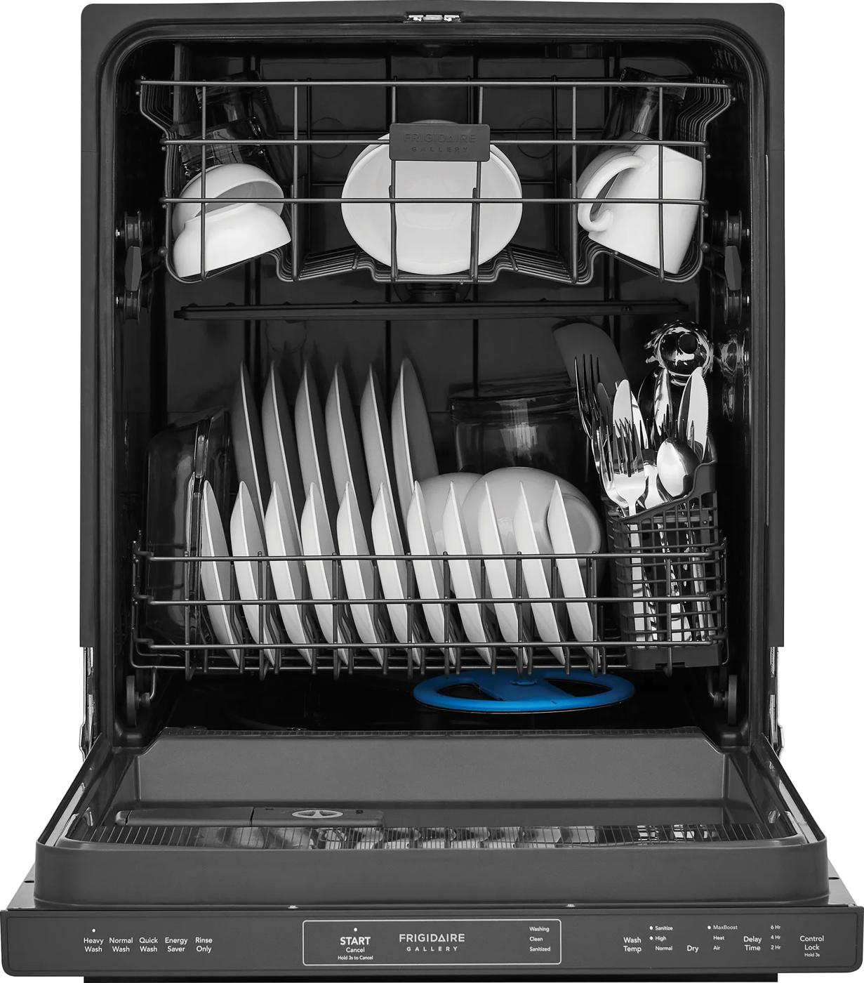 Open dishwasher filled with assorted plates, cups, and utensils in kitchen appliance collections for home improvement