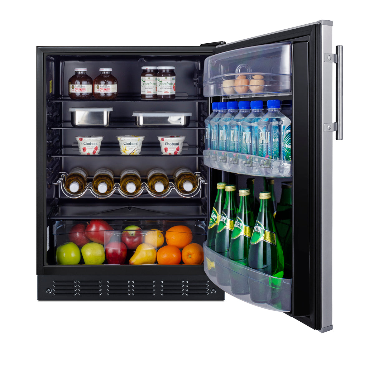 Open 24-inch wide ADA compliant undercounter refrigerator with beverages, eggs, and fresh produce inside for kitchen use